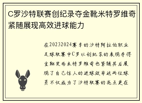 C罗沙特联赛创纪录夺金靴米特罗维奇紧随展现高效进球能力